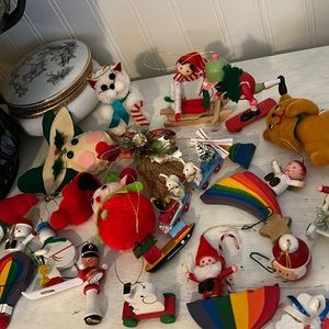 Vintage wood & pom pom handmade MCM CHRISTMAS ornaments hand painted rainbow
